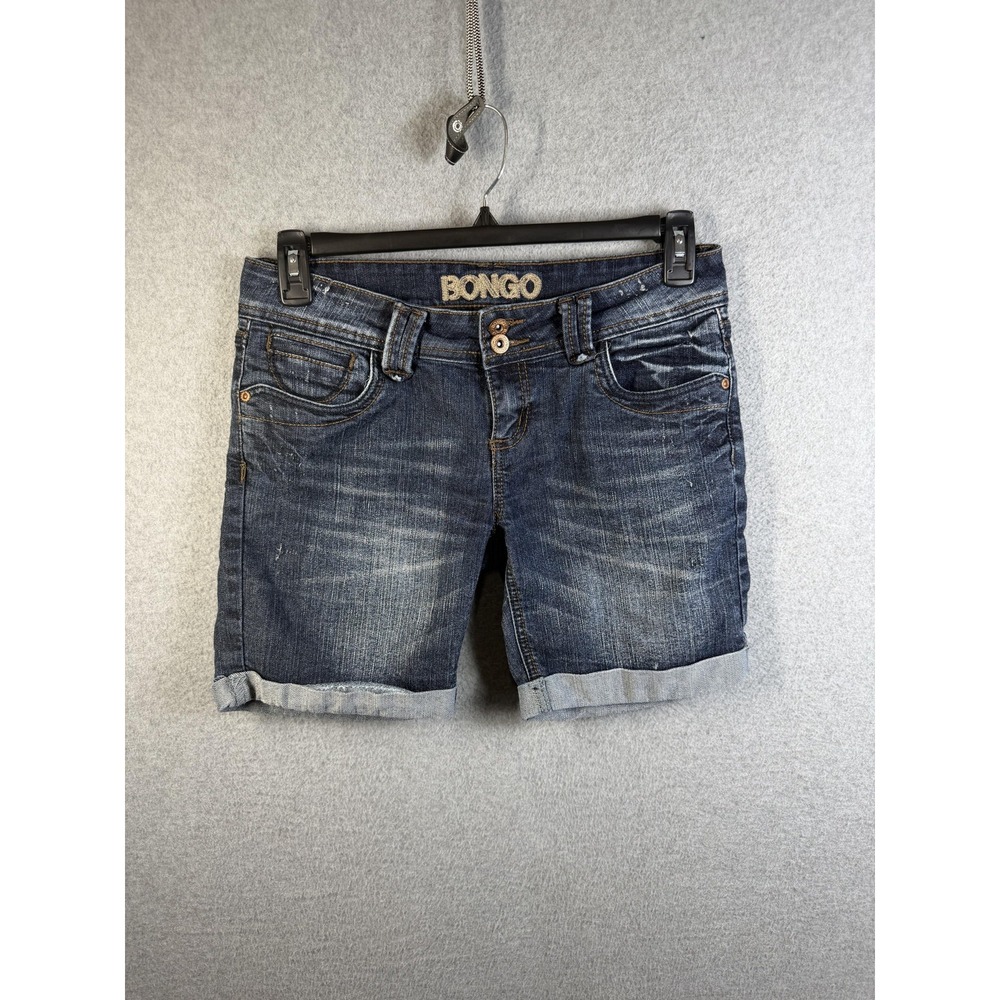 Bongo Shorts Juniors 9 Blue Denim Bermuda Cuffed Distressed Stretch Casual